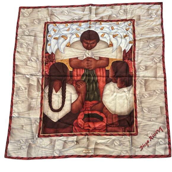 Diego Rivera Pineda Covalin Silk Scarf 34" x 35" Vintage VTG 80s "Flower Day" - Picture 1 of 14